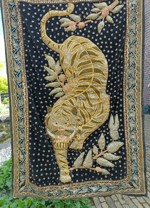 Arazzo vintage KALAGA proveniente dalla Birmania, raffigurante una tigre, 1,50 x 1,00 m