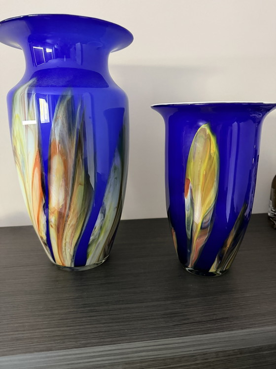 Beautiful Set of XL Hand-Blown Glass Designer Vases (40cm & 30cm) – Murano / Loranto Style (photo 3 of 5)