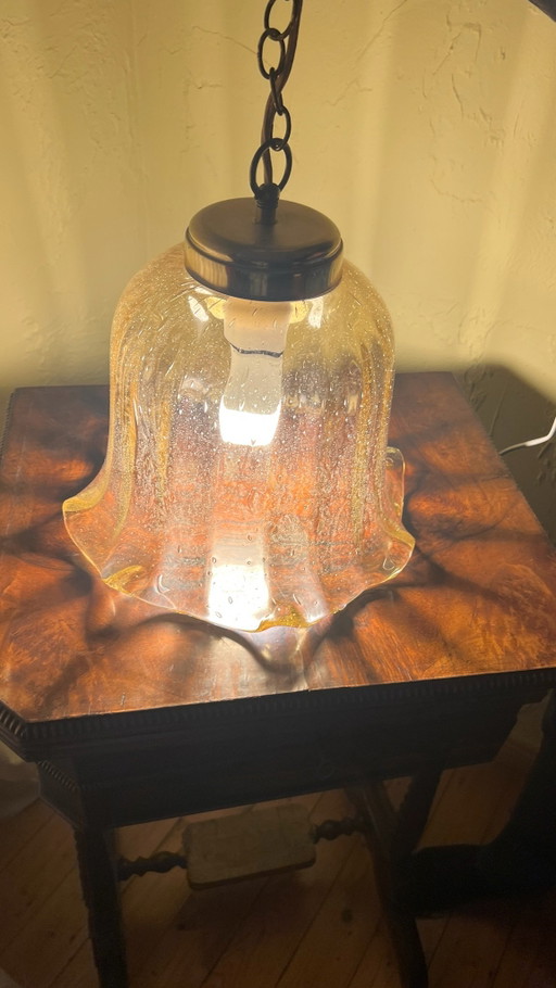 Mid-Century Space Age Pendant Light – Amber Bubble Glass & Brass (Glashütte Limburg / Murano Style)