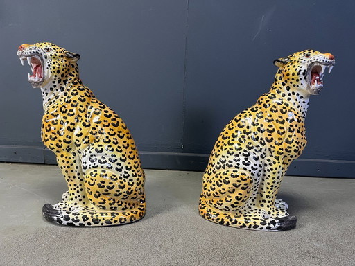 Pair of Italian Glazed Terracotta Leopard Figures, 1960s