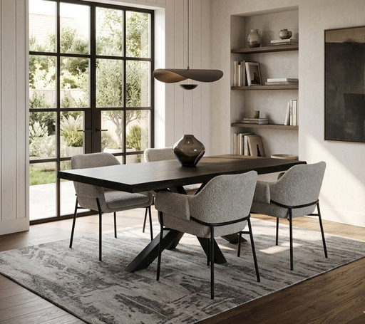 Live edge table incl. 4 taupe boucle bucket chairs