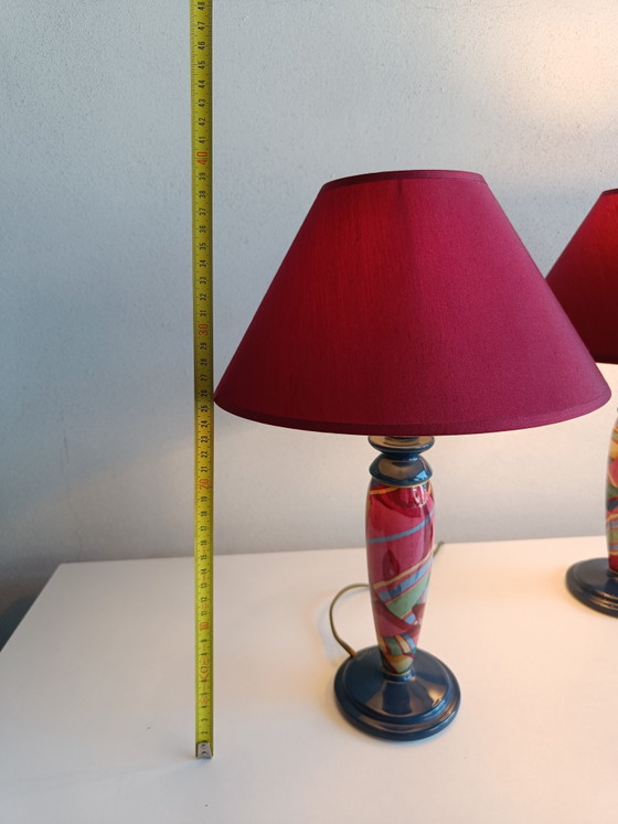 Een paar Oliver Corro postmoderne keramische tafellampen met originele lampenkappen – jaren 80 – Ceramic (photo 6 of 11)