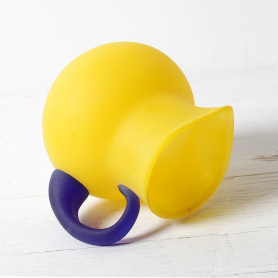 Image 1 of Small Vintage Frosted Glass Yellow and Blue Pitcher for Milk or Juice / Kosta Boda / Sweden / 1990s