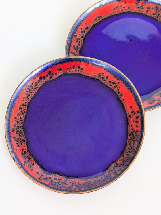 Ensemble de six sous-verres vintage en émail sur cuivre, style années 50 – Accessoires de table, Copper (photo 5 of 16)