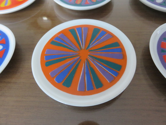 Image 1 of Serie van 6 keramische onderzetters, Pop, Vintage jaren 70, "Waechtersbach Western Germany".