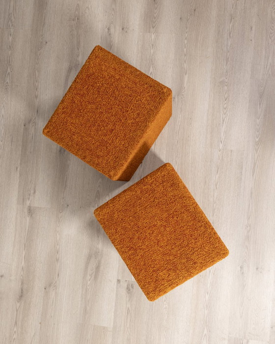 Image 1 of Pair of vintage 80s orange fabric poufs Italian design 