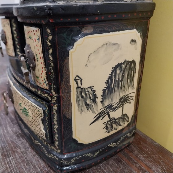 Image 1 of Oriental Jewelry Box of High Quality Wood - Unique Handcrafted Masterpiece, Hand Painted with Drawers, Built-in Mirror Julklapp,