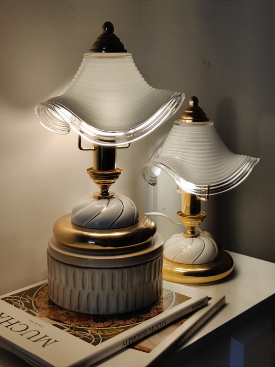Image 1 of Vintage Hollywood Regency Table Lamps, Set of 2, Wavy Ribbed Opaline Glass, White and Gold Retro Bedside Lighting