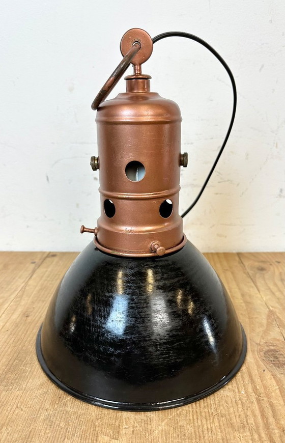 Image 1 of Industrial Italian Black Enamel Factory Lamp with Iron Top, 1950s