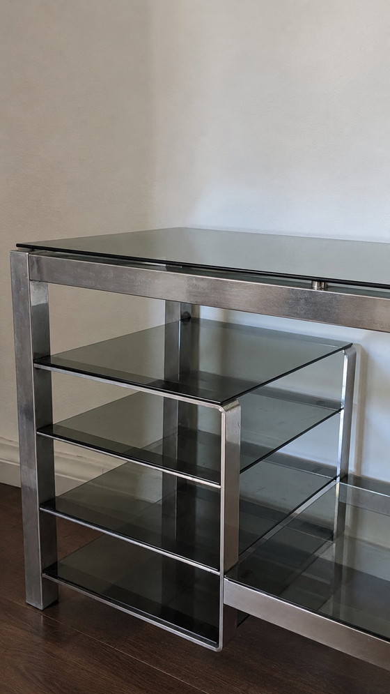 Space-Age 70s Chrome and Smoked Glass Console Italian Design (photo 3 of 5)