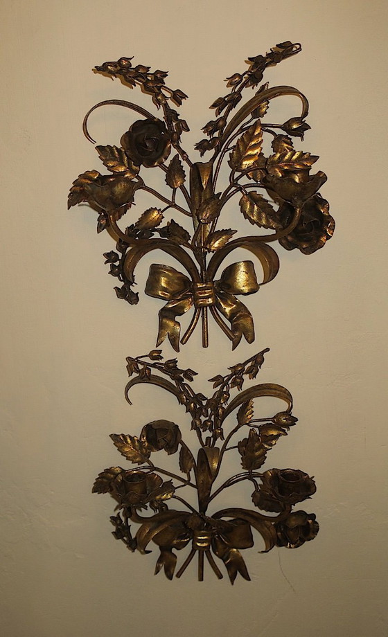 Image 1 of Pair of Gold Plated Wall Double Candleholders with Roses by Hans Kögl, 1960s