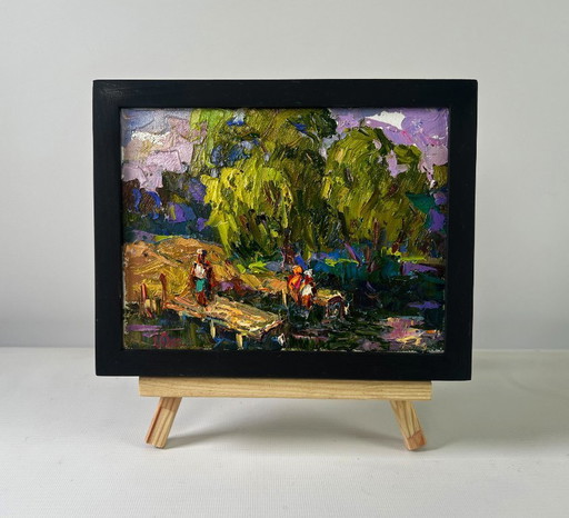 Original Oil Painting Summer Coastal Landscape Vacations in the village sun