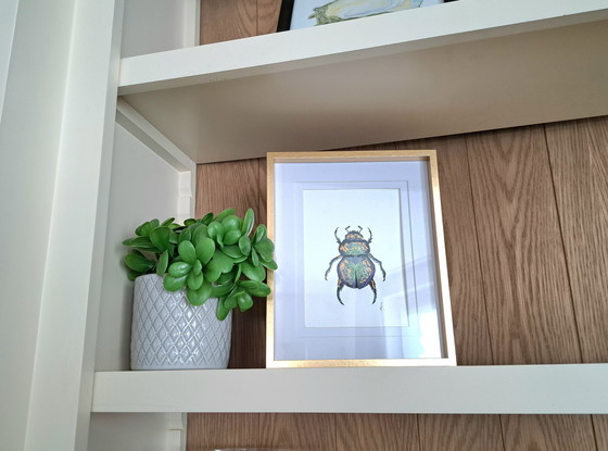 Image 1 of Watercolor painting Scarab green gold | Gold-colored frame