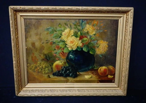 Painting "Still Life with Flower and Fruit". – schilderijen tekeningen, Wood (photo 2 of 6)