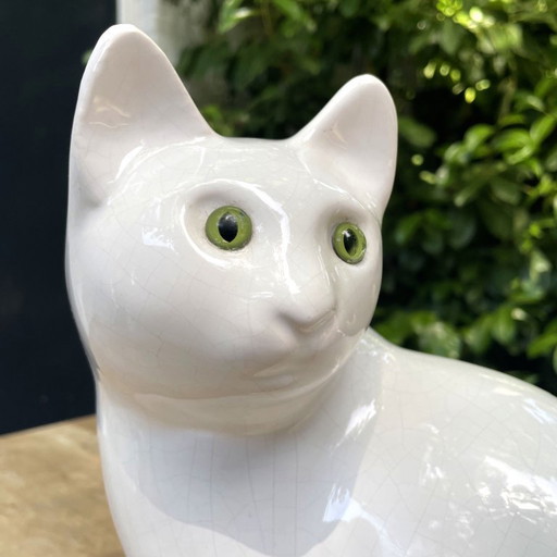 Vintage-Katzenfiguren aus weißer Keramik mit grünen Augen, 3er-Set