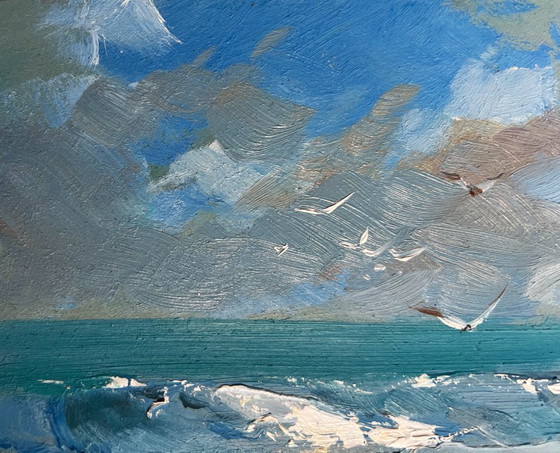 Image 1 of Original Oil Painting Beach Sea Landscape Seagulls on the seashore