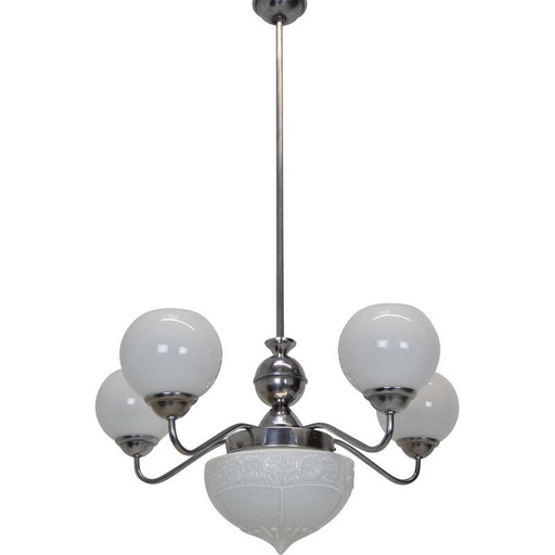 Vintage Art Deco kroonluchter in glas, metaal en chroom, Tsjecho-Slowakije jaren 1930