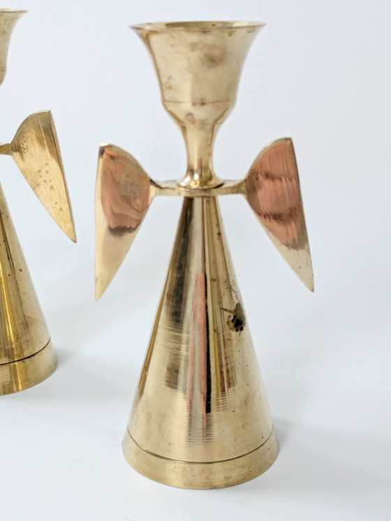 Image 1 of Coppia di portacandele vintage a forma di angelo in ottone, decorazioni natalizie in stile moderno di metà secolo