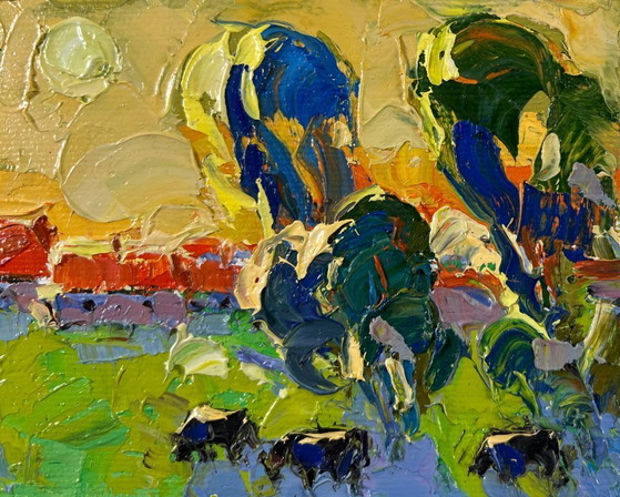 Image 1 of Original Oil Painting Sunset Summer Landscape Gold on the horizon