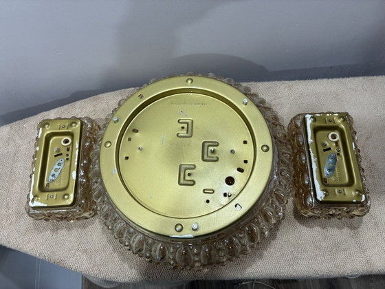 Plafonnier Glashütte Limburg en verre bullé ambré et 2 appliques murales, années 1960, Orange (photo 7 sur 8)