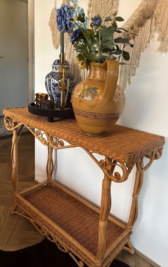Prachtige mid century, vintage rotan Peacock sidetable uniek! – Consoles, Rattan (photo 3 of 5)