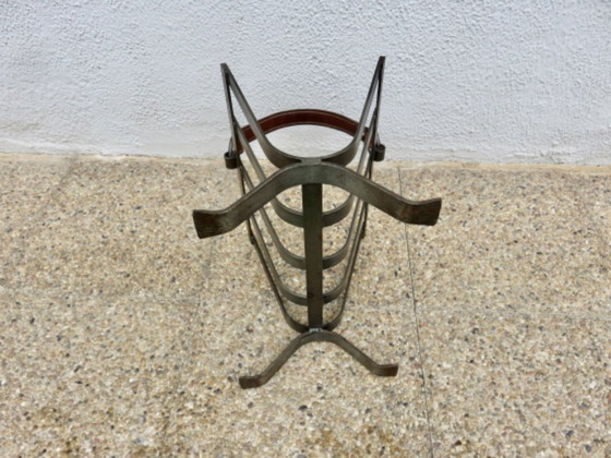 Image 1 of Porte revue en acier brut et cuir dans le style de Jacques Adnet, France, années 30 40