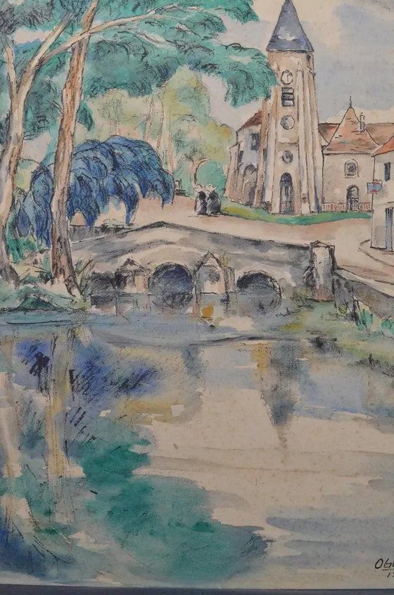 1929 Ogui Paisaje de Pueblo Modernista Europeo Acuarela y Gouache – Pinturas y dibujos, Paper (photo 2 of 10)