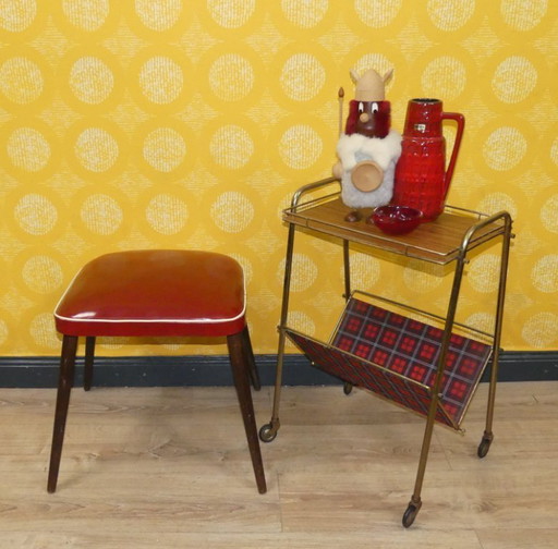 Vintage 1950s stool, spring core, wood, red, fifties classic, retro rockabilly seat, cocktail chair