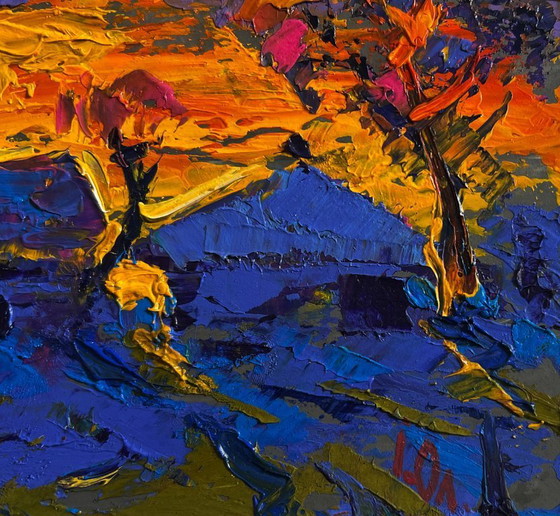 Image 1 of Original Oil Painting Sunset Houses Landscape A blazing evening in the village