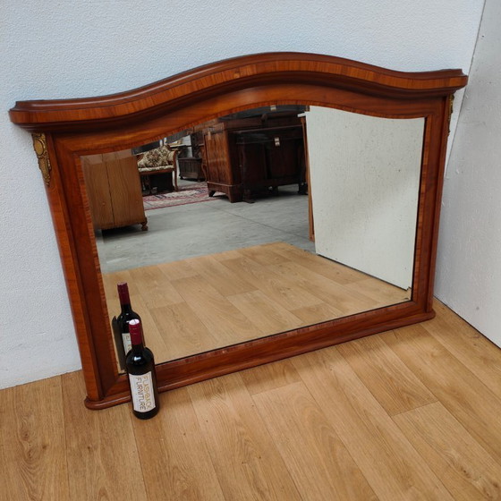 Image 1 of Antique mahogany facet-cut mirror, country-style mantel mirror with brass details.