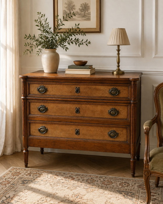 Louis XVI style light walnut chest of drawers with fluted motifs and three drawers – Wood (photo 9 of 9)
