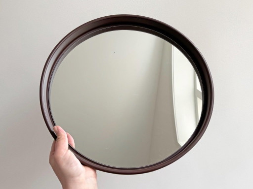 1x Ronde Vintage Space Age Spiegel Met Een Bruine Plastic Rand – Glass