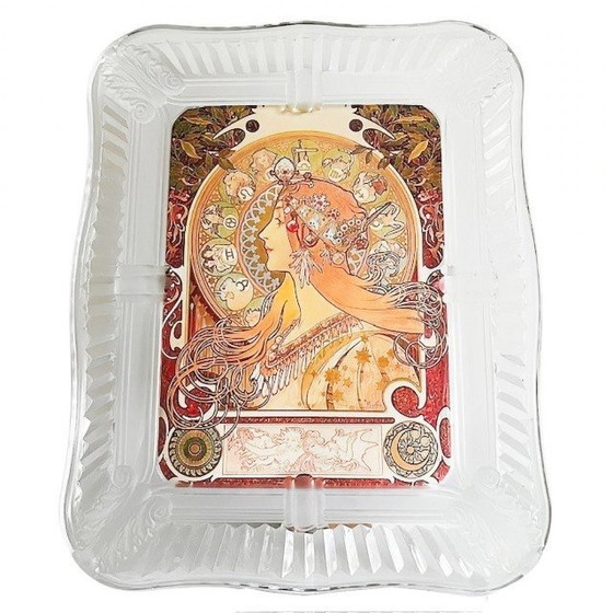 Image 1 of Cornice in vetro vintage, cristallo, stile art nouveau, stampa fotografica del dipinto Mucha, Zodiaco, anni '80