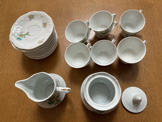 Image 1 of 26-piece coffee/tea service with Bird of Paradise design in Sologne porcelain