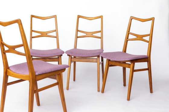 Image 1 of Set of 4 Vintage Dining Chairs, 1960s–70s German Mid-Century Modern, Beechwood Frames, Purple Upholstery