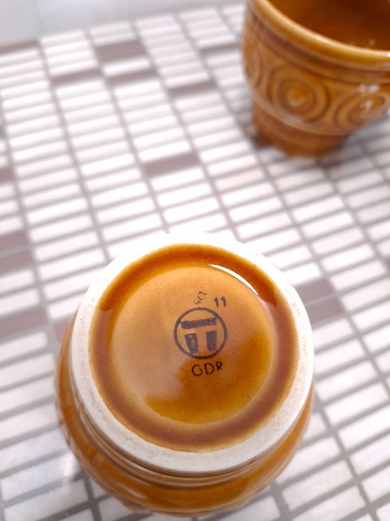 Image 1 of Juego de tazas de café de porcelana marrón y amarilla de la RDA