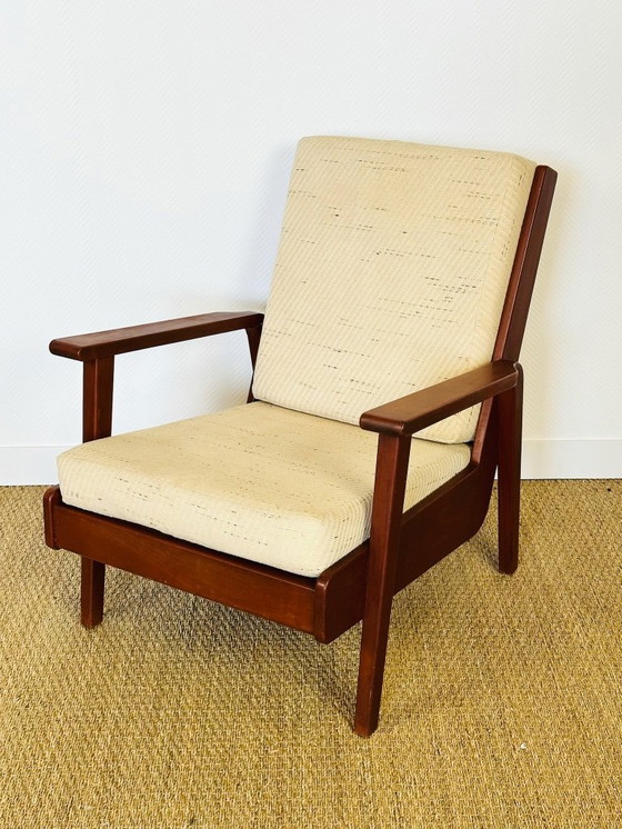 Image 1 of Vintage Scandinavische fauteuil van teakhout en beige textielstof, 1960