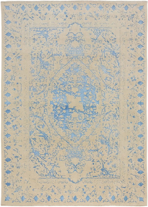 Ketu – Handgemaakt Vloerkleed, Natuurlijke Wol, Natuurlijke Kleurstoffen, Crème/Blauw, 215 x 300 cm