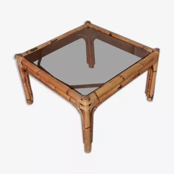Mesa de centro vintage, ratán, bambú y cristal ahumado al estilo de Vivai del Sud