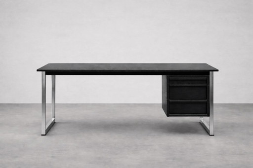 Vintage Mid-Century Danish Modern Minimalist Black Oak Desk with Chrome Base, 1970s