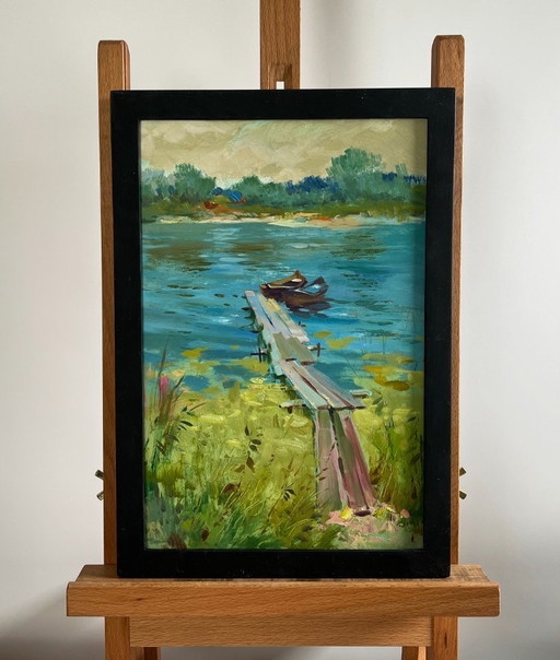 Original Oil Painting Summer River Landscape Boats at rest by the river