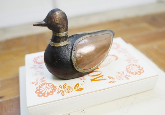 Image 1 of Hand-Carved Wood Duck Figurine with Brass Copper Inlay, Nepalese Tibetan Folk Art
