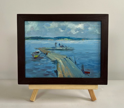 Original Oil Painting Summer River Landscape Fishing on the ferry