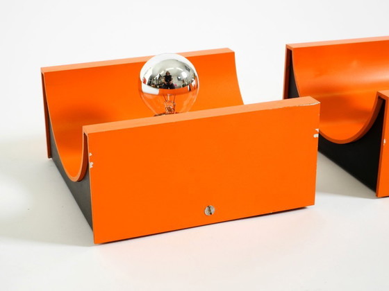Image 1 of Pair of rare original 1960s Space Age metal wall lamps by Klaus Hempel for Kaiser Leuchten in orange
