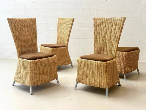 4 rattan wicker chairs with high backrests and metal legs, 1990s – eetkamerstoelen