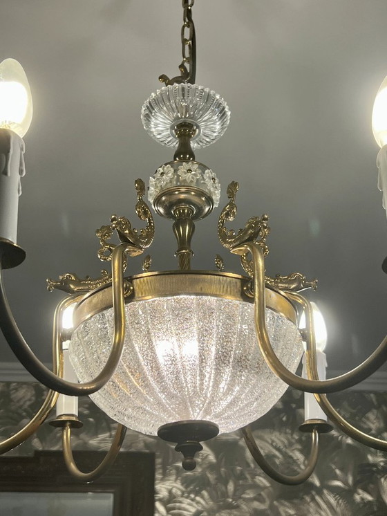 Image 1 of Unikat! Echter Jugendstil-Leuchter mit Glasschale und Fischen aus Messing. Ca. 1915