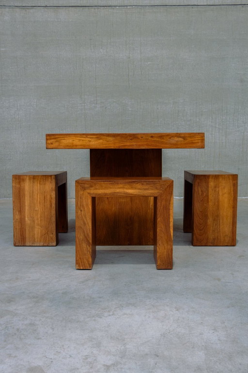 Cubist 1980s dining set table + 4 stools solid wood