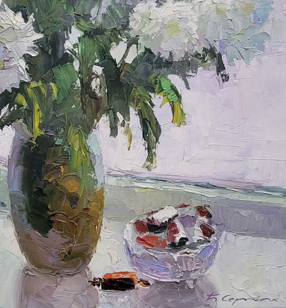 Original Oil Painting Still Life Chrysanthemums Flowers on the Window – Paintings & Drawings, Canvas (photo 7 of 7)