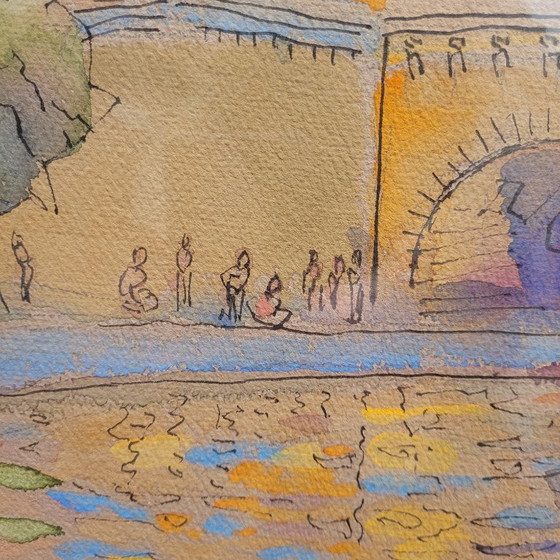 Image 1 of Aquarelle sur papier « Pont Marie, Paris », post-impressionnisme, signée Gilis, 1962 - France