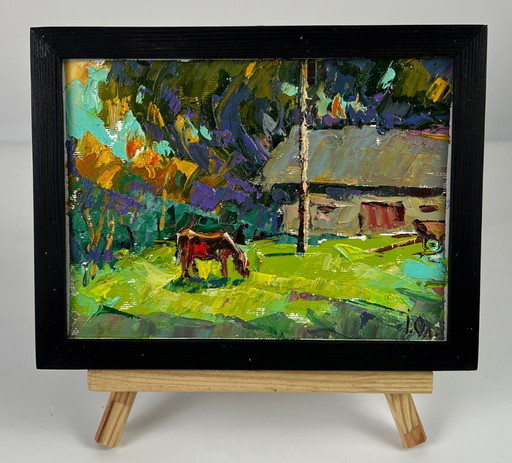 Peinture à l'huile originale représentant un paysage rural et une journée d'été au village